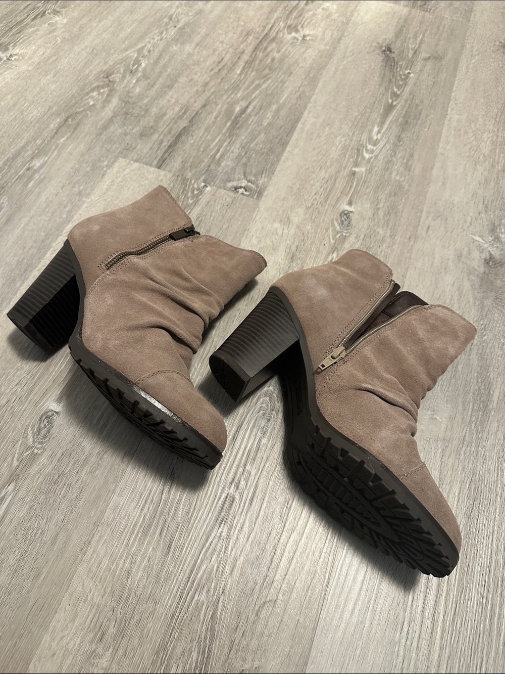 White Mountain Taupe Suede Chunky Heel Ankle Booties